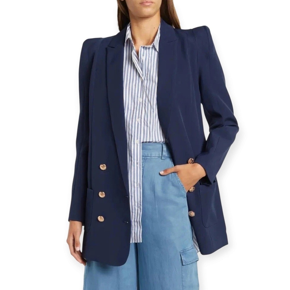 Walter Baker Womens M Navy Boss Double Breasted Blazer Gold Buttons Power Corp